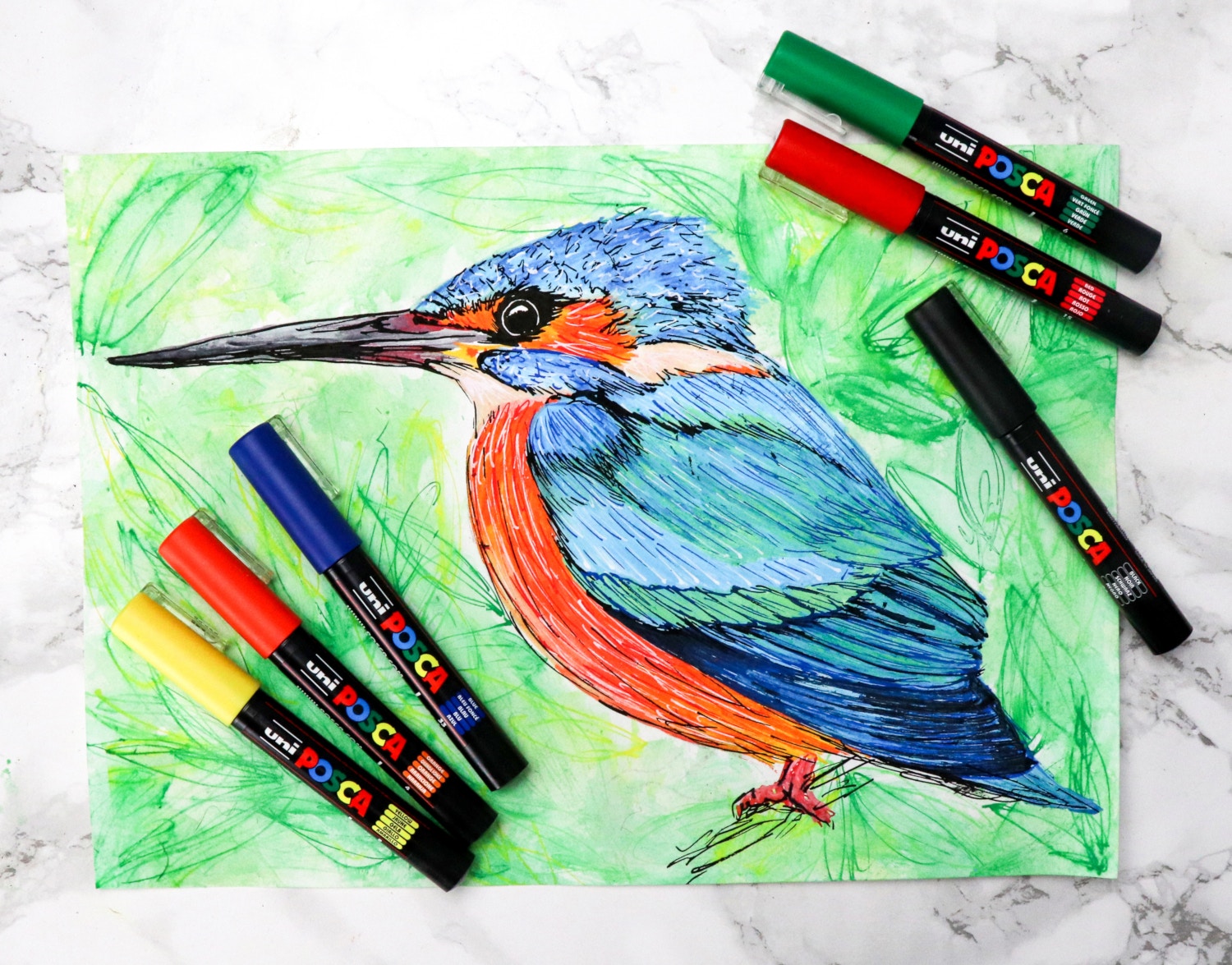 Posca paint marker drawing of a kingfisher